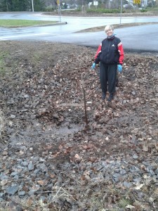 Cleaning out a drain that is blocked with leaves.